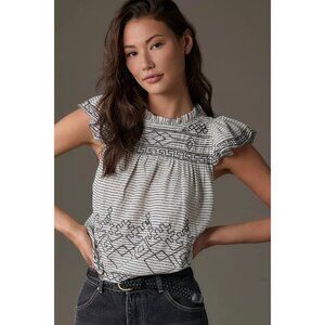 By Anthropologie Flutter-Sleeve Embroidered Babydoll Top XS